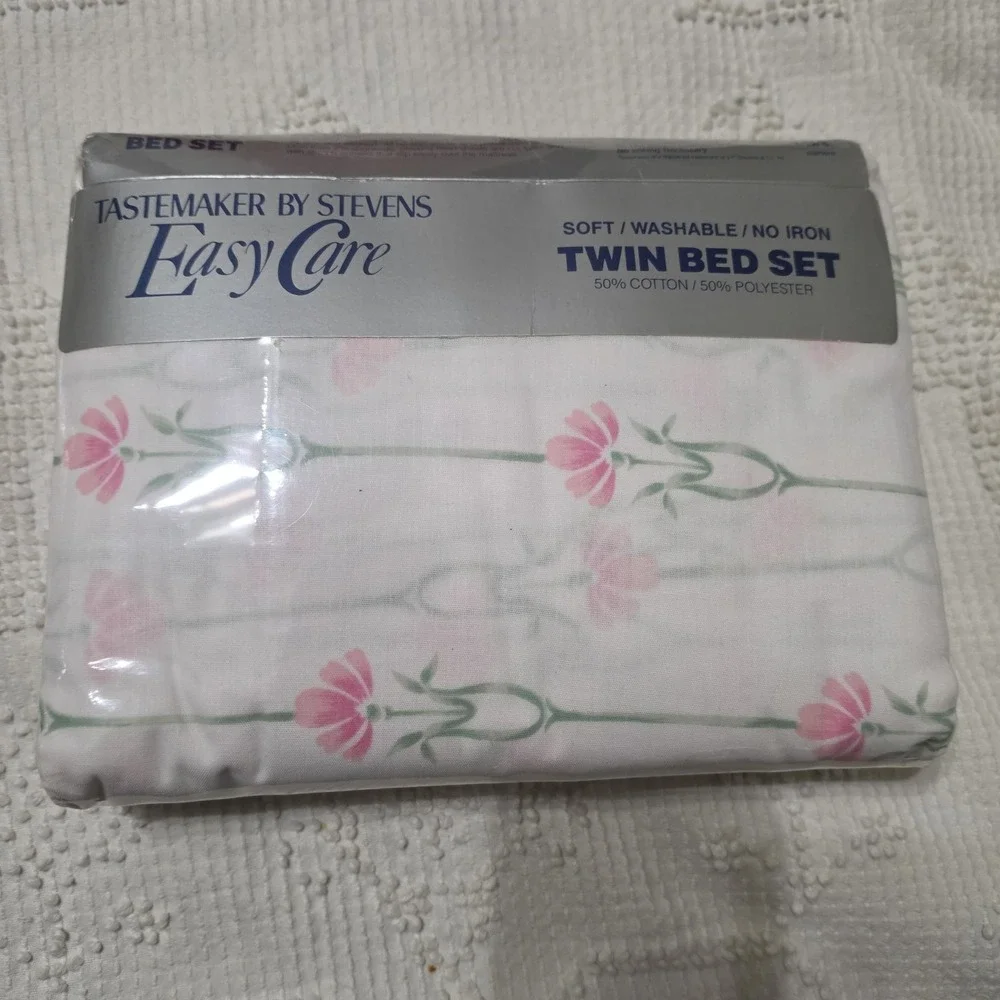 Vtg Tastemaker by Stevens Easy Care Decorum Floral Pink Twin Bed Set NOS 1986